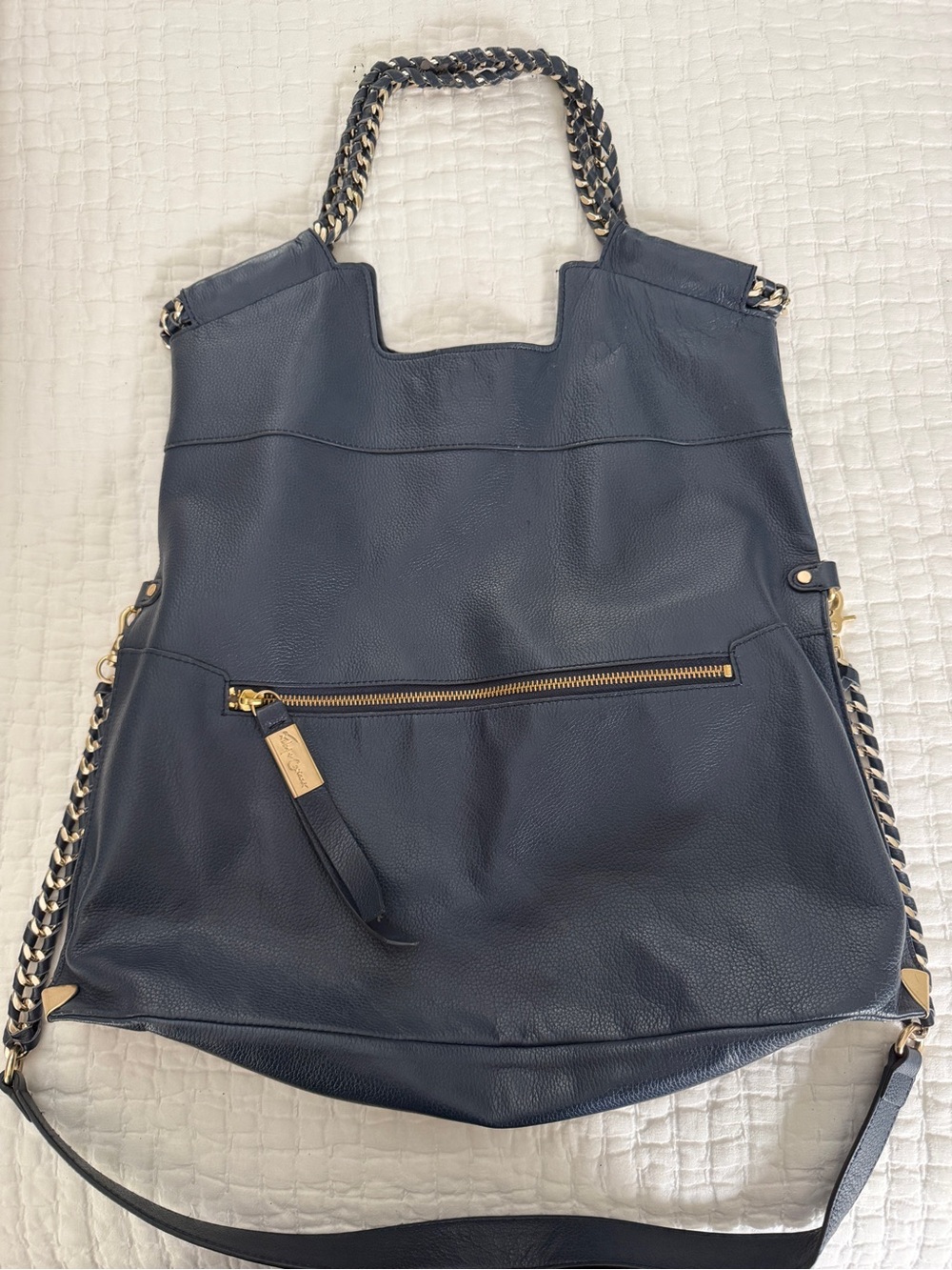 Foley + Corinna Navy Leather Tote with Gold Chain Handles